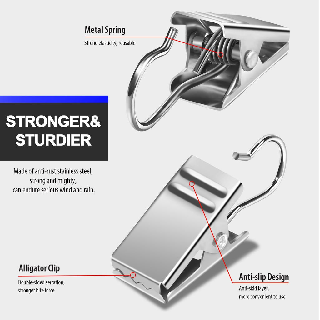 Close-up of stainless steel clip hooks showing metal spring, alligator clip, and anti-slip design features.