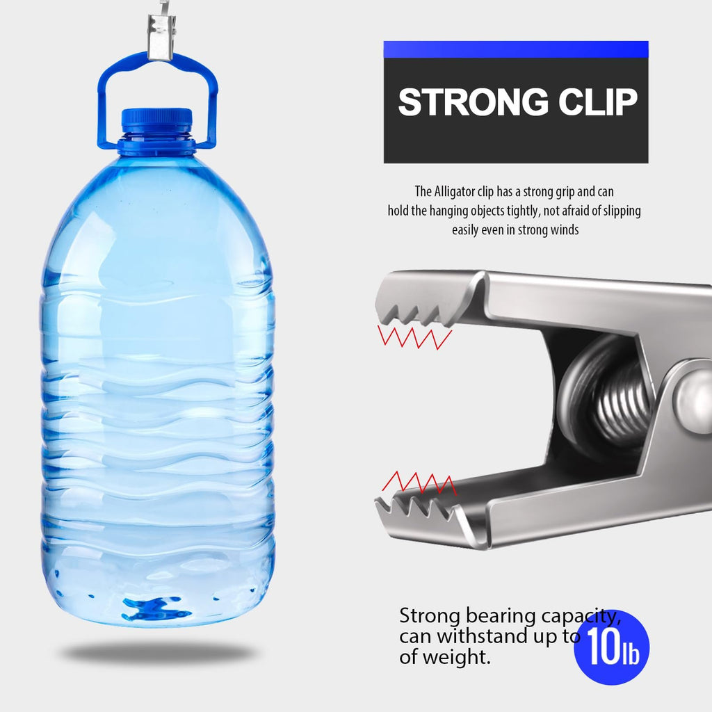 Large water bottle hanging from a clip, with a close-up of the clip's jaws and text about its strength.