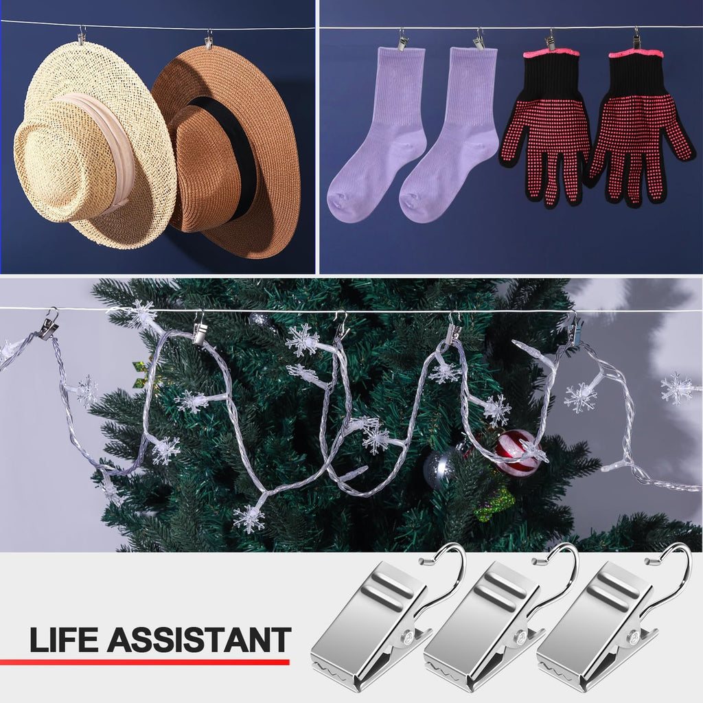 Collage showing straw hats, socks, gloves, and snowflake string lights hanging from clips on a clothesline and Christmas tree.