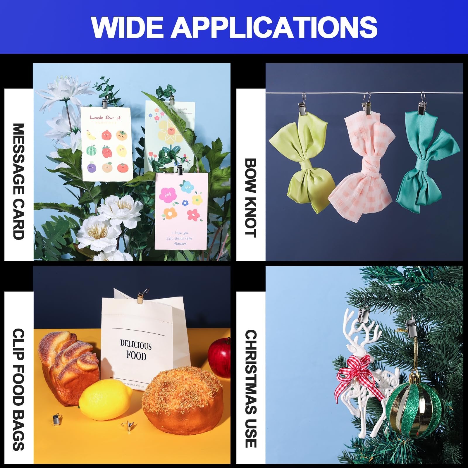 Collage showing various applications of small metal clips: hanging message cards, bows, food bags, and Christmas ornaments.