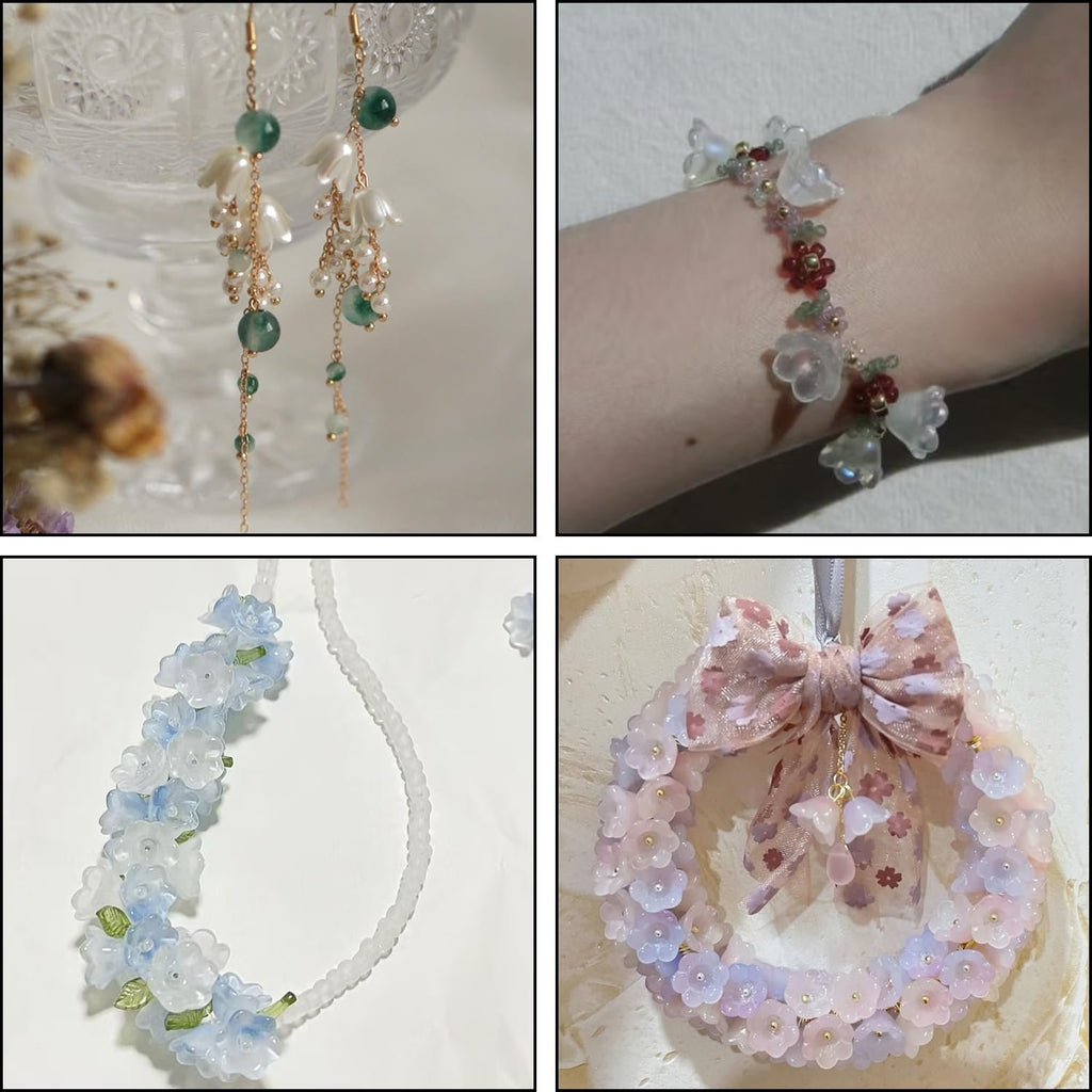 Four images showing handmade jewelry: green beaded earrings, a floral charm bracelet on a wrist, a blue floral necklace, and a pink floral wreath with a bow.