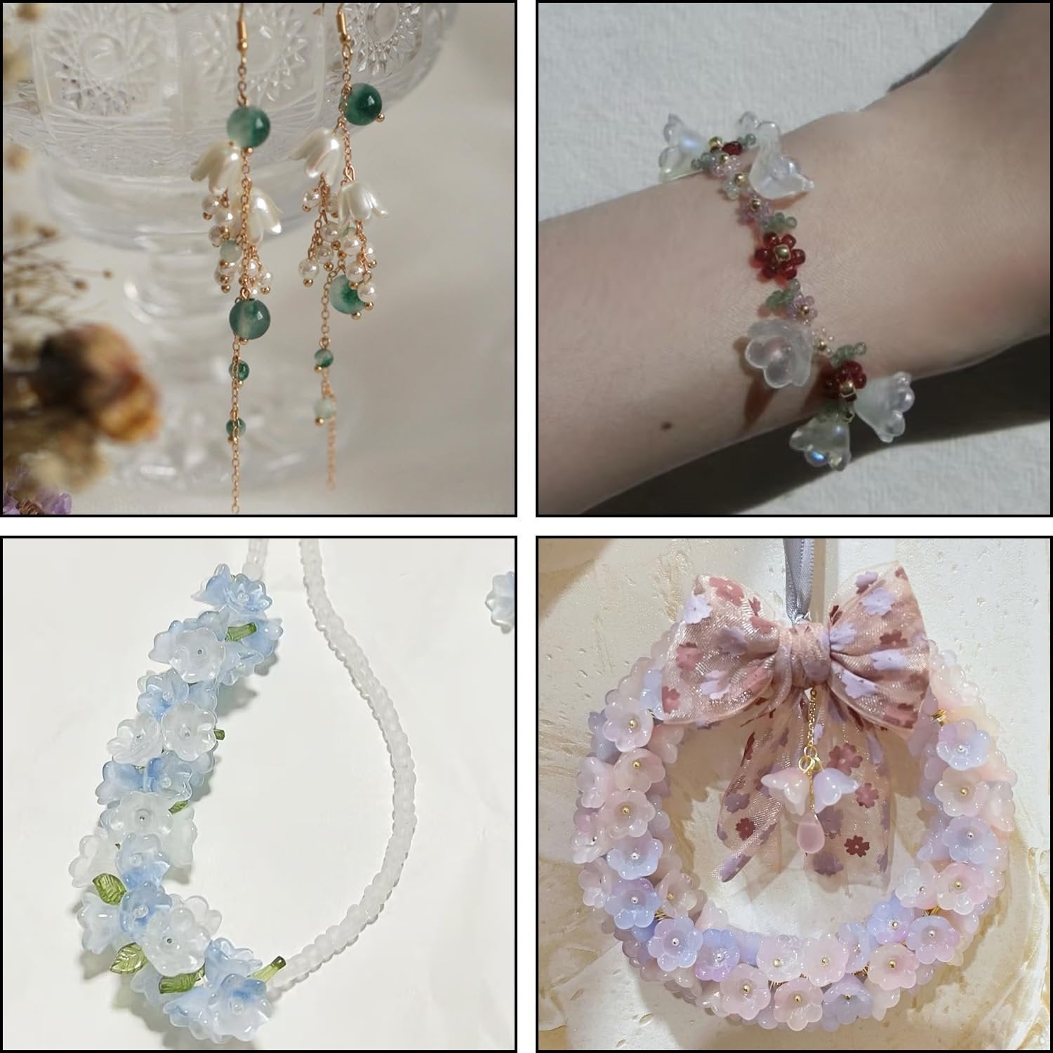 Four images showing handmade jewelry: green beaded earrings, a floral charm bracelet on a wrist, a blue floral necklace, and a pink floral wreath with a bow.
