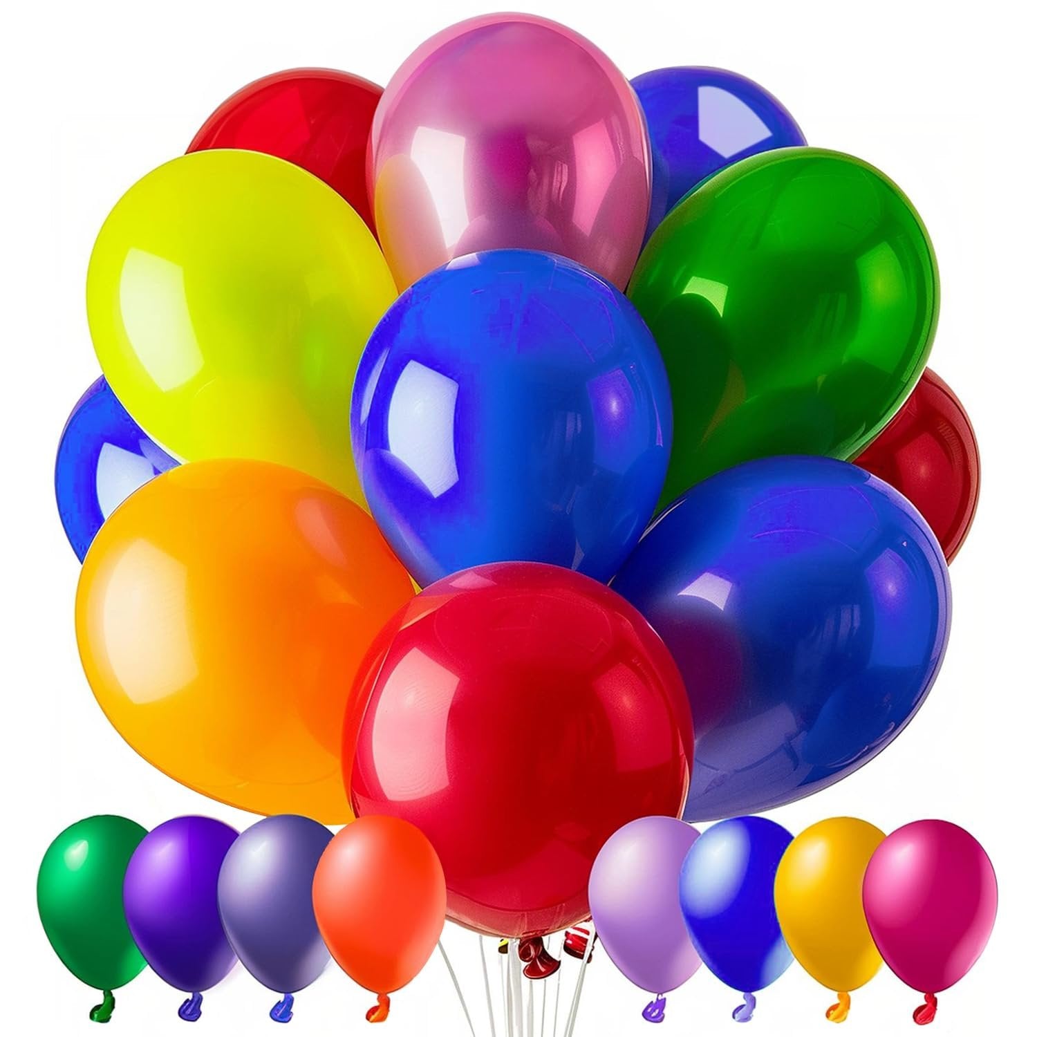 Assorted color latex balloons arranged in a bouquet on a white background