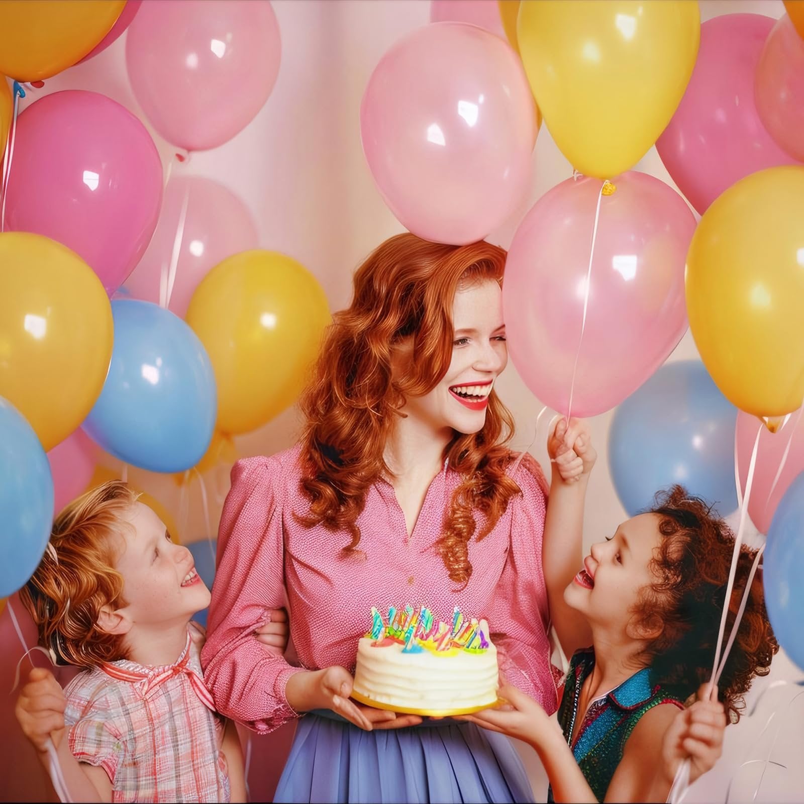 Woman holding a small cake with candles, surrounded by children and colorful balloons, celebrating a birthday.
