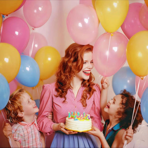 Woman holding a small cake with candles, surrounded by children and colorful balloons, celebrating a birthday.
