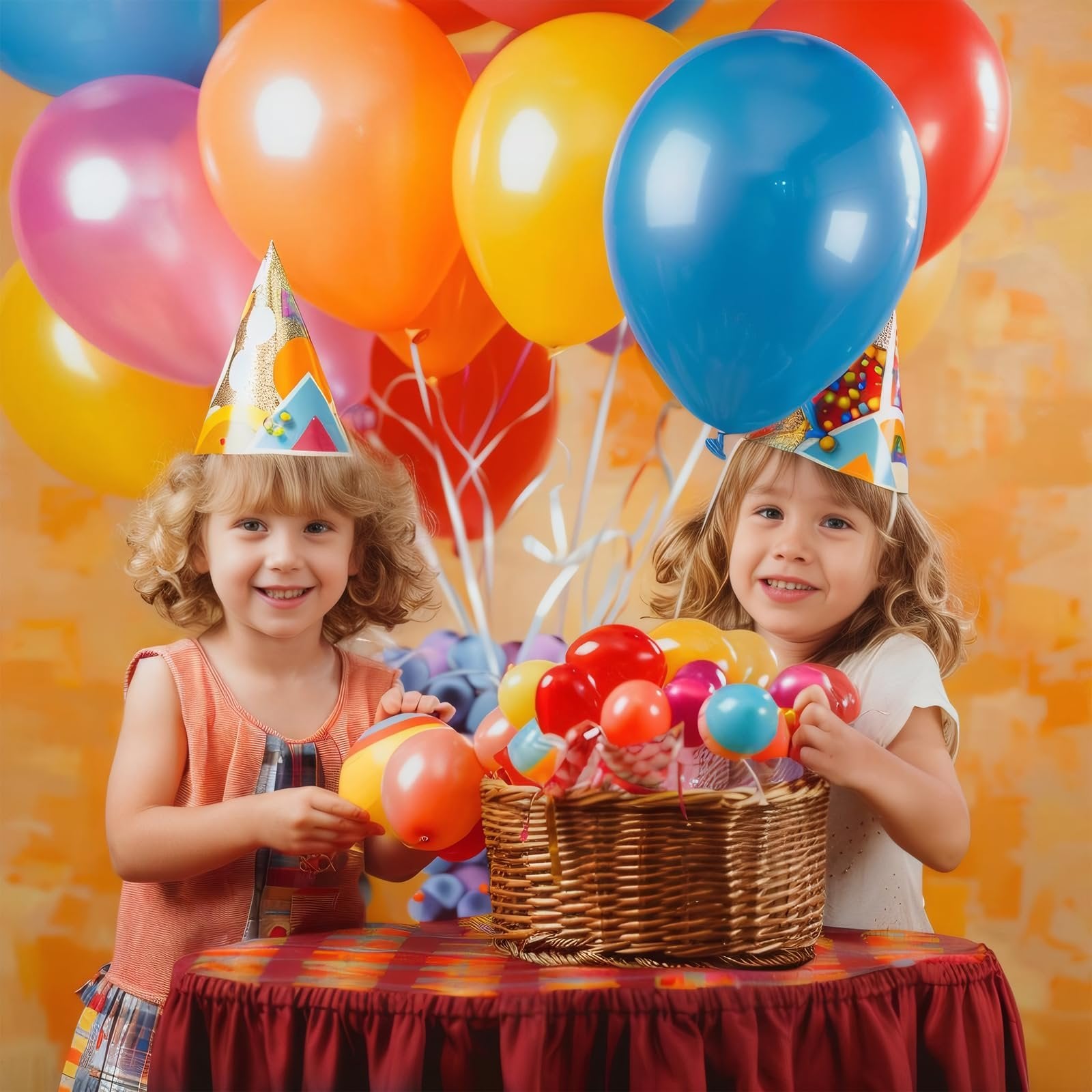 Two smiling children wearing party hats hold balloons and a basket of balloons at a table decorated for a party.