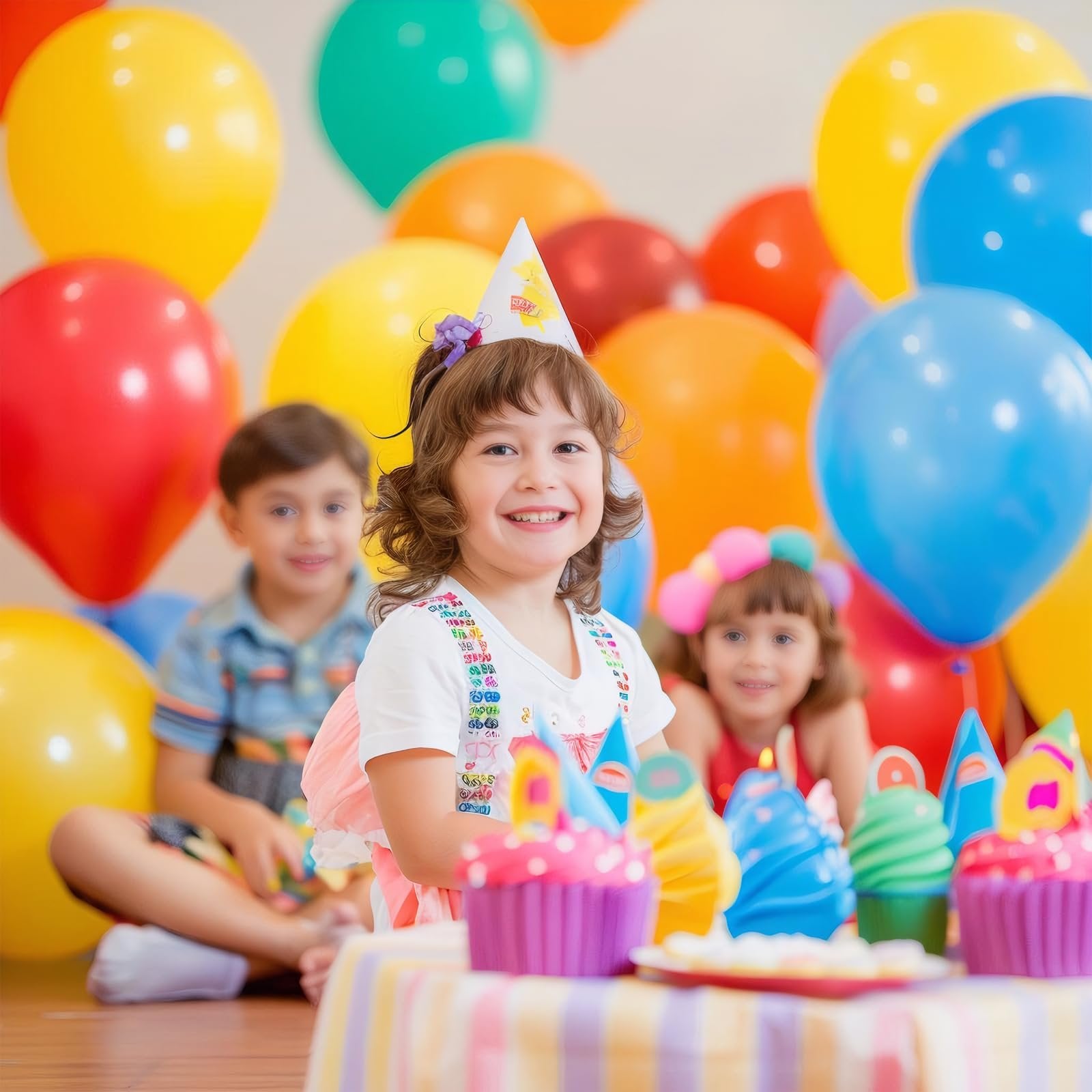 Three children in party hats smiling with colorful balloons and cupcakes for a birthday celebration.