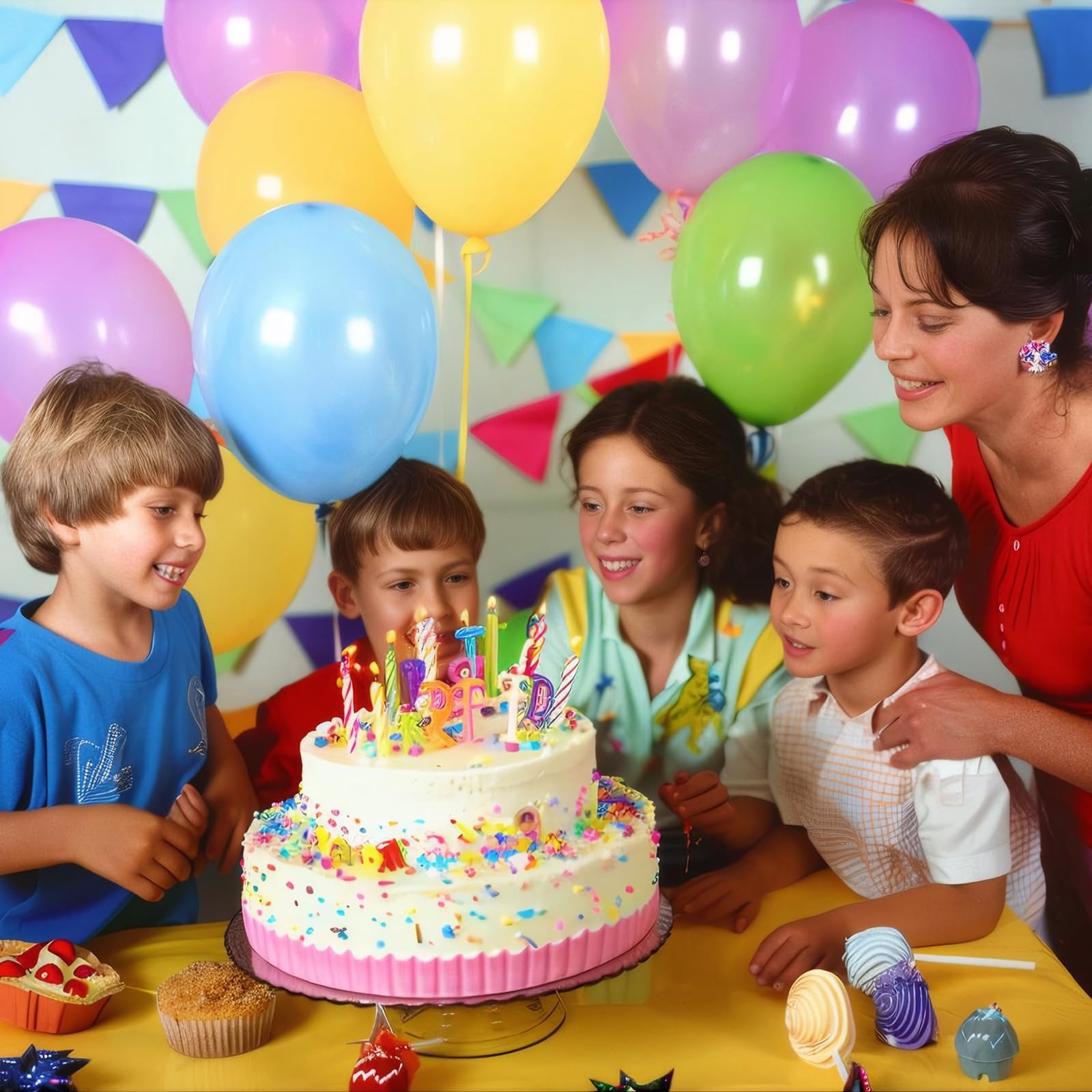 Family celebrating a birthday with a cake and balloons, with children and an adult gathered around.