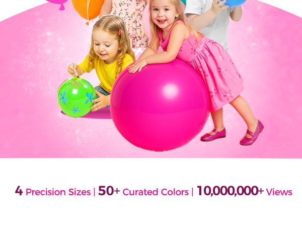 Children playing with large balloons and a pink exercise ball on a pink background.