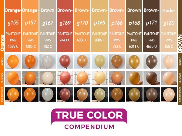 Color swatches and balloon samples showing various shades of orange and brown, with Pantone color codes and descriptions.