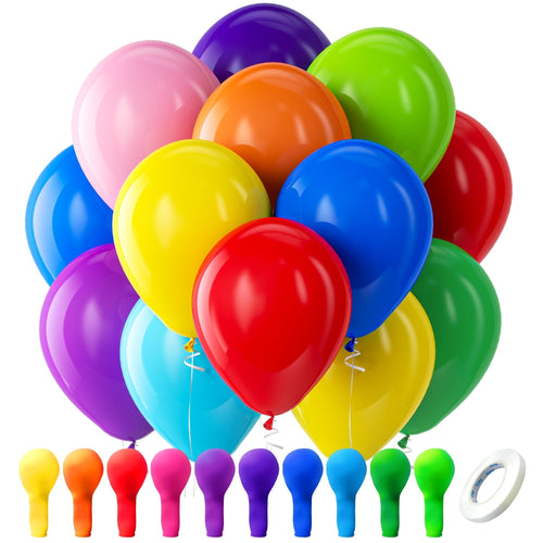 Assorted color latex balloons with white ribbon and uninflated balloons, plus a roll of tape.