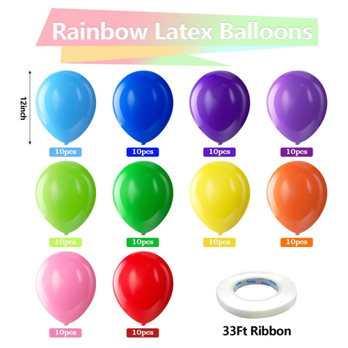 Assortment of 12-inch rainbow latex balloons in various colors, with 10-piece labels and a roll of white ribbon.