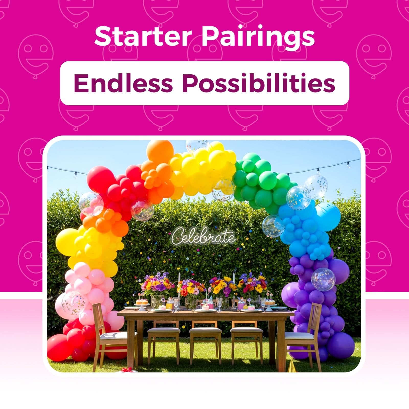 Rainbow balloon arch over a decorated outdoor table setting with a neon 'Celebrate' sign