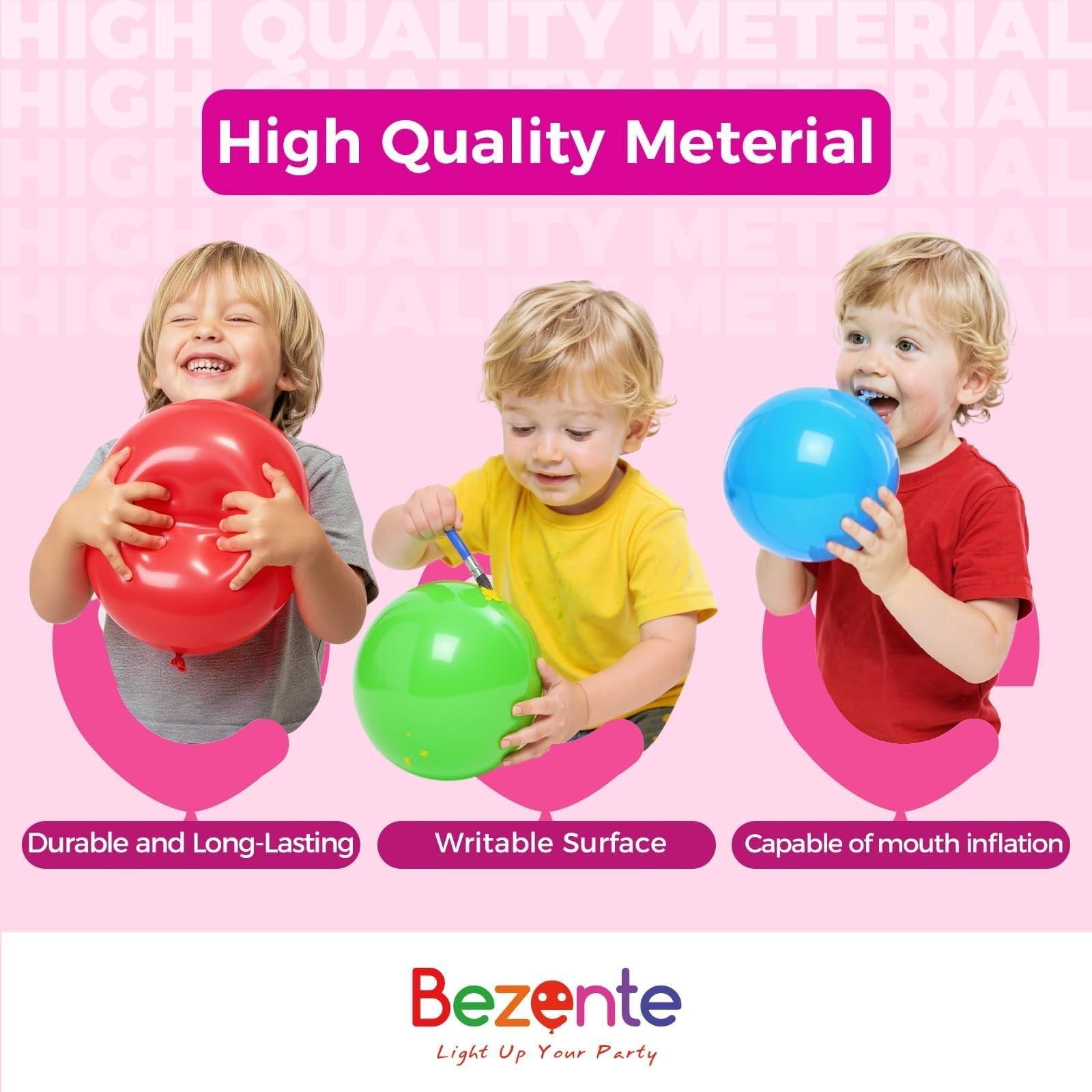 Three children interacting with colorful balloons, one holding a red balloon, another painting a green balloon, and the third inflating a blue balloon.