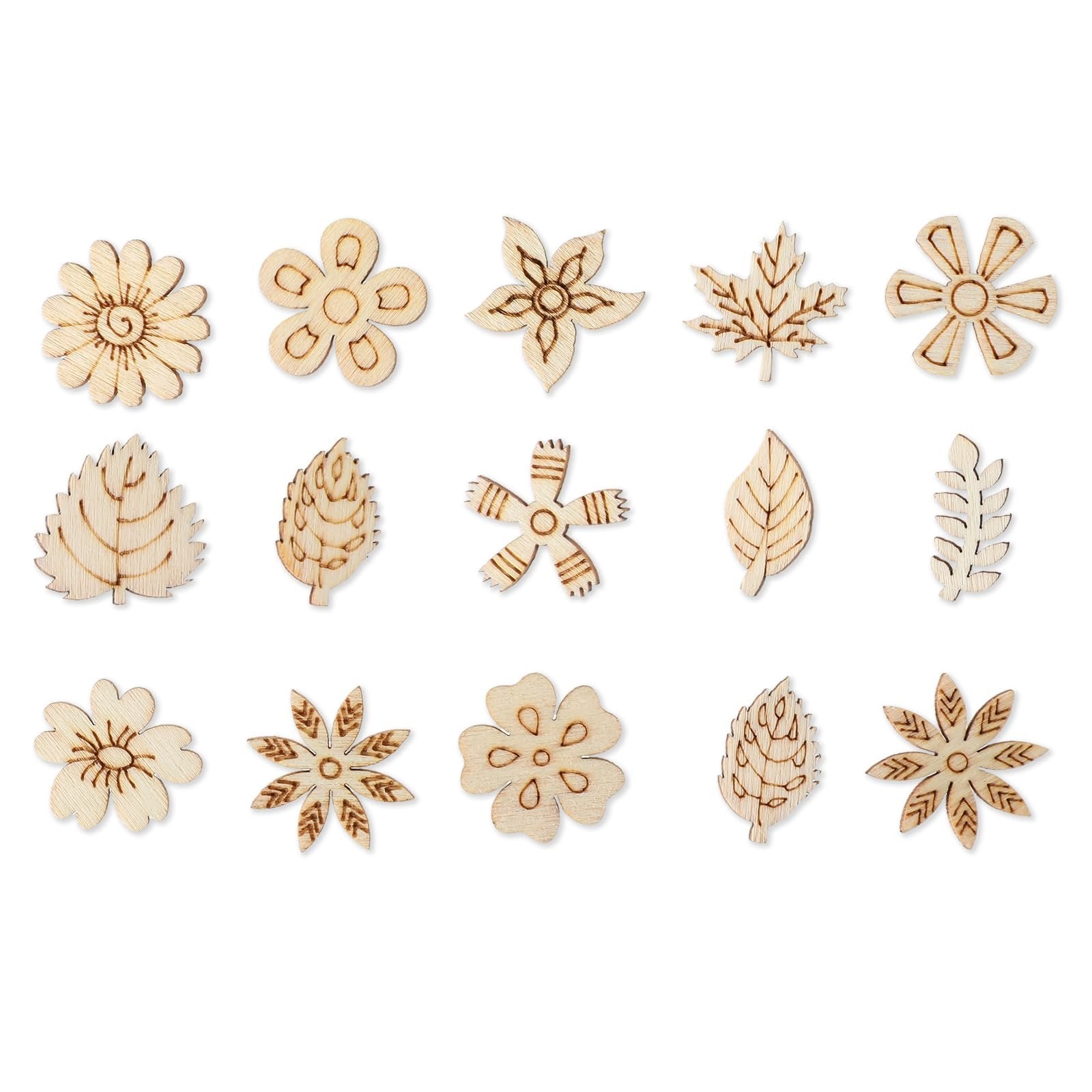 Assortment of 15 unfinished wooden flower and leaf craft cutouts on a white background.