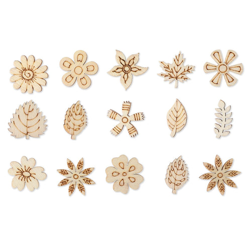 Assortment of 15 unfinished wooden flower and leaf craft cutouts on a white background.