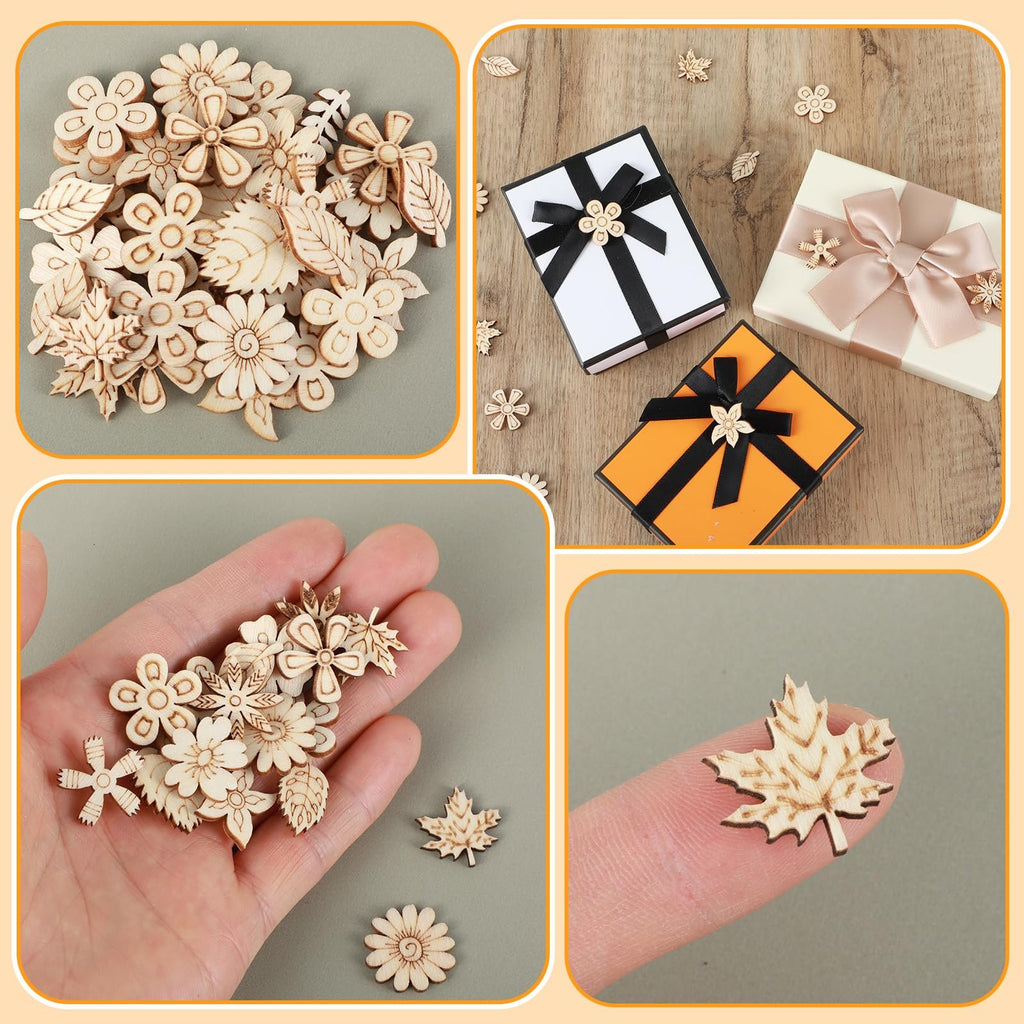 Assortment of 20mm unfinished wooden flower and leaf craft cutouts shown in various arrangements.