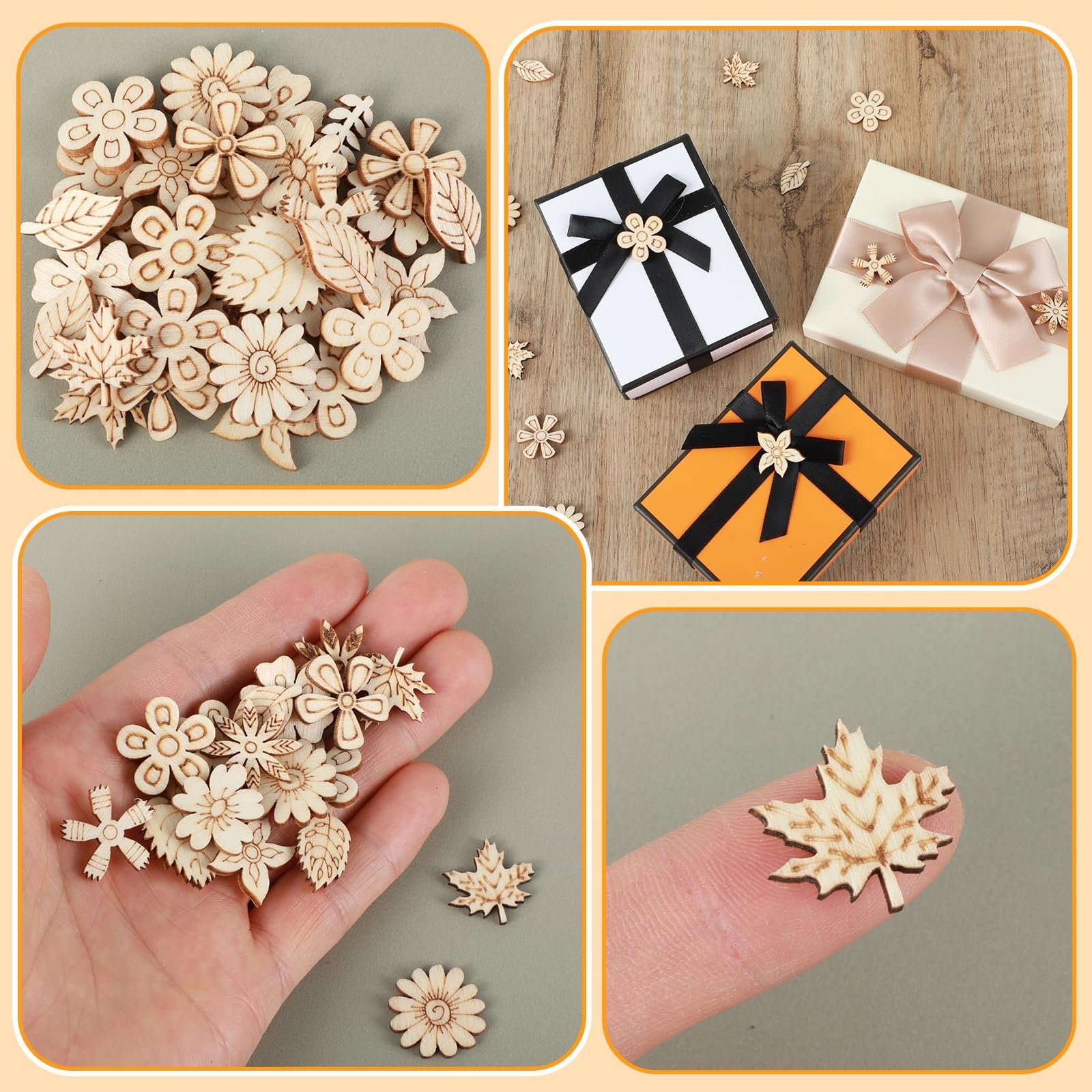 Assortment of 20mm unfinished wooden flower and leaf craft cutouts shown in various arrangements.