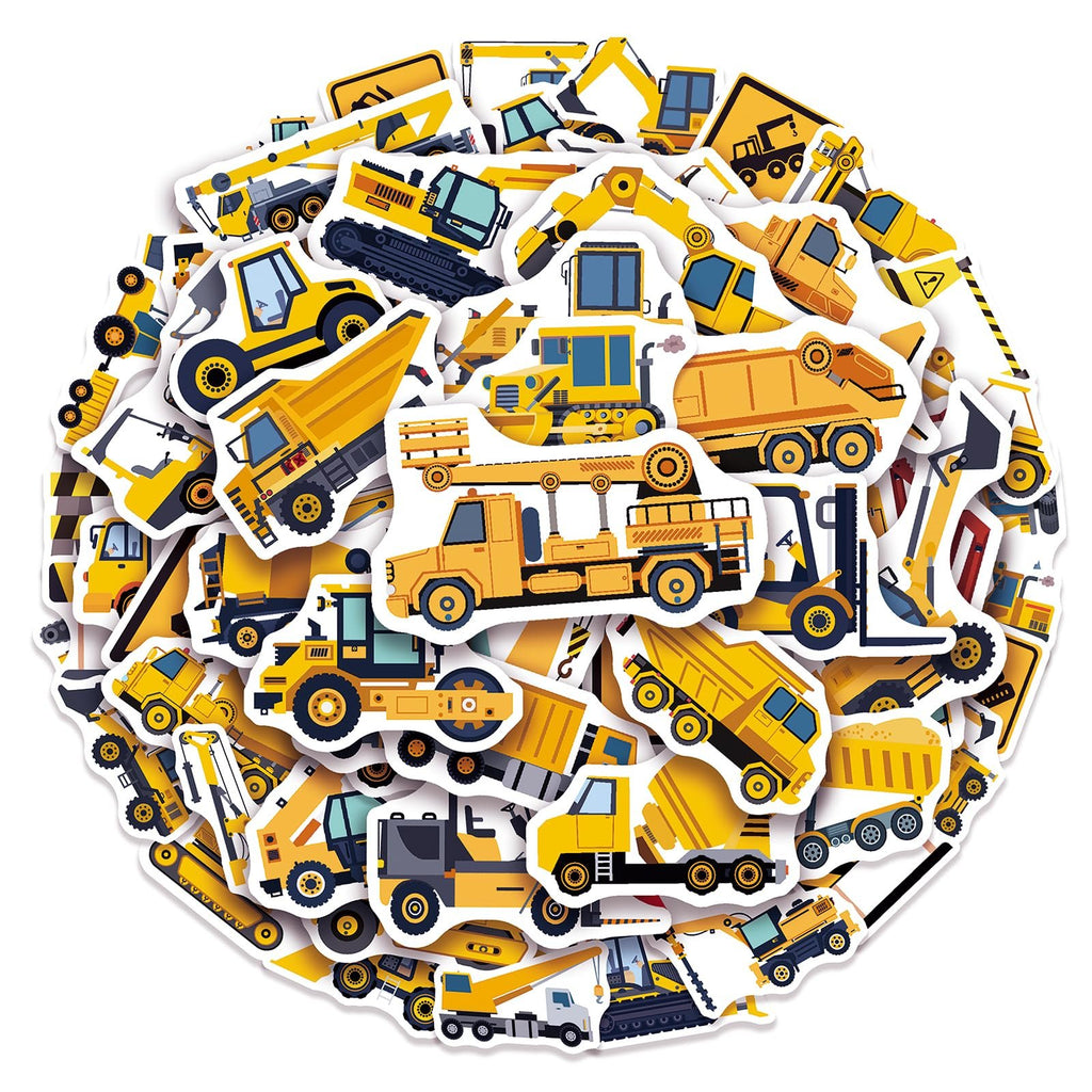 Pile of assorted construction vehicle vinyl stickers including dump trucks, excavators, and cranes.
