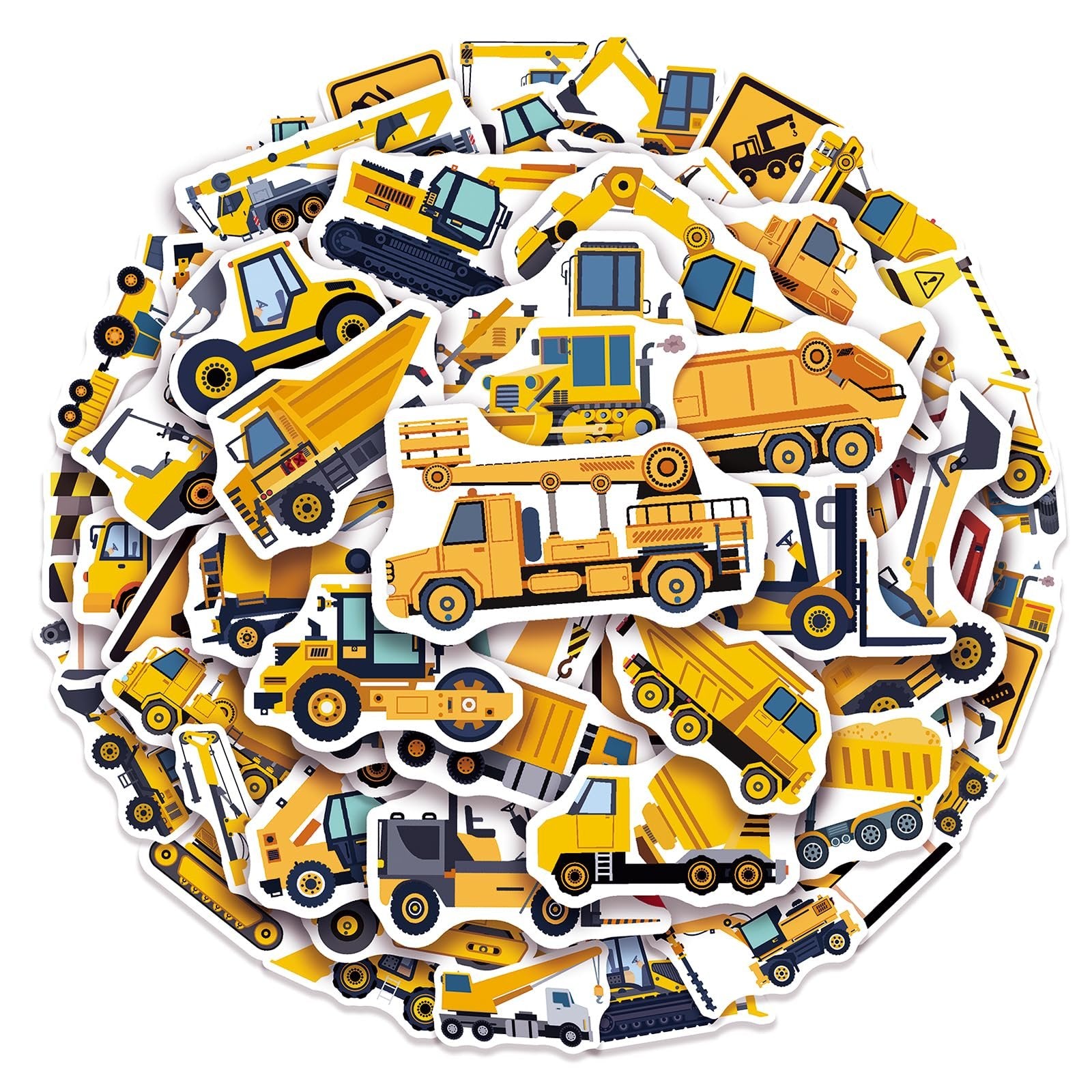 Pile of assorted construction vehicle vinyl stickers including dump trucks, excavators, and cranes.