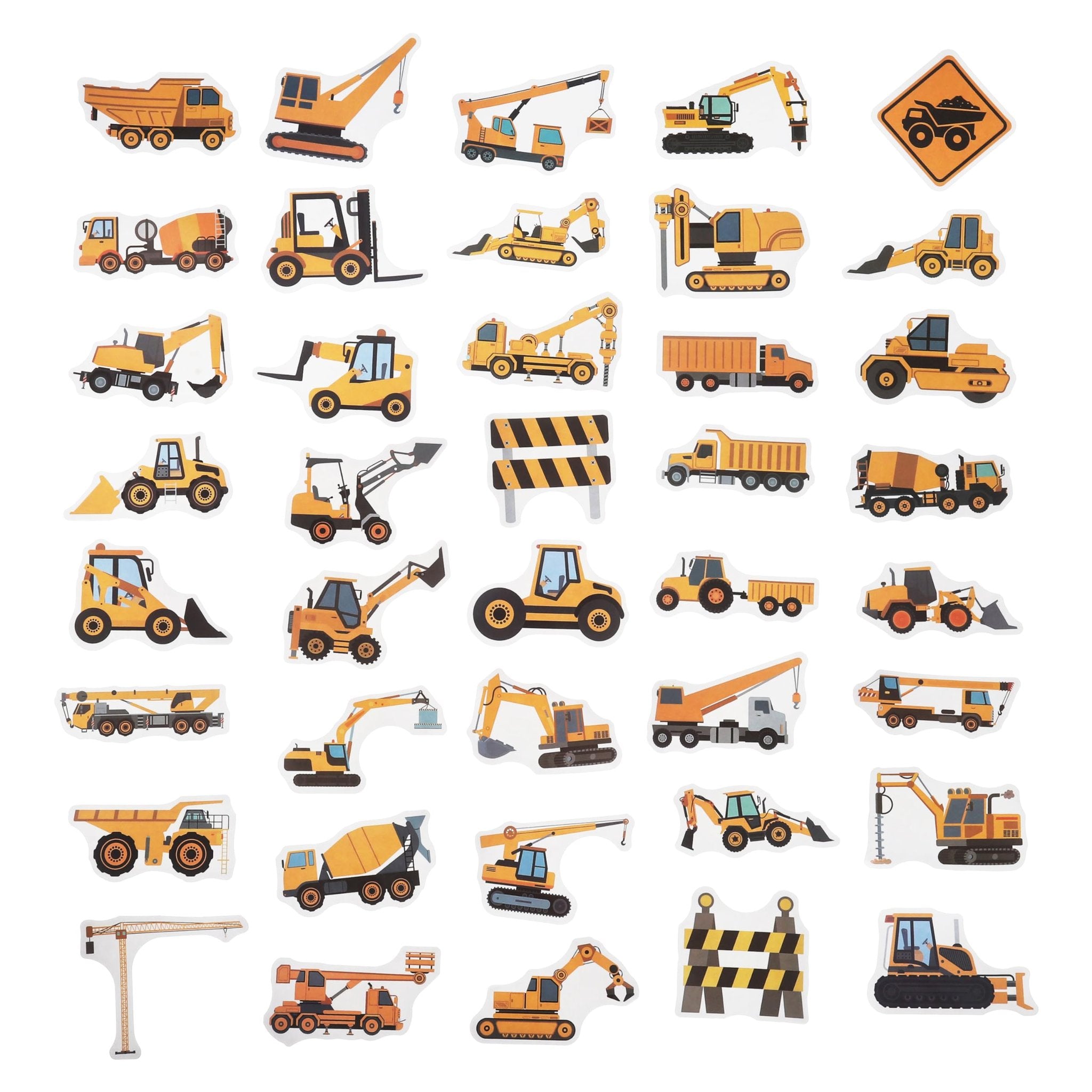 Collection of 36 cartoon construction vehicle vinyl stickers on a white background.