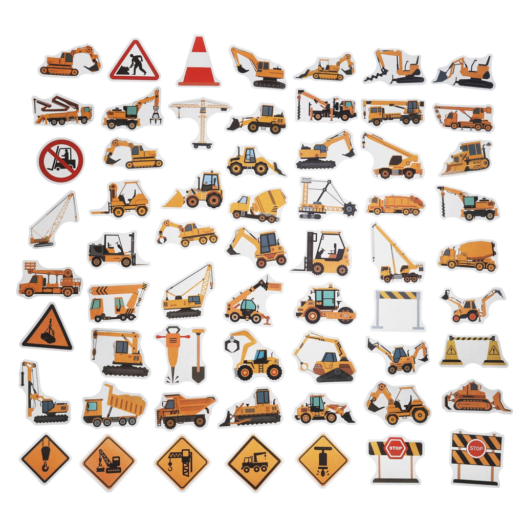 Collection of construction vehicle vinyl stickers including excavators, cranes, dump trucks, and warning signs.