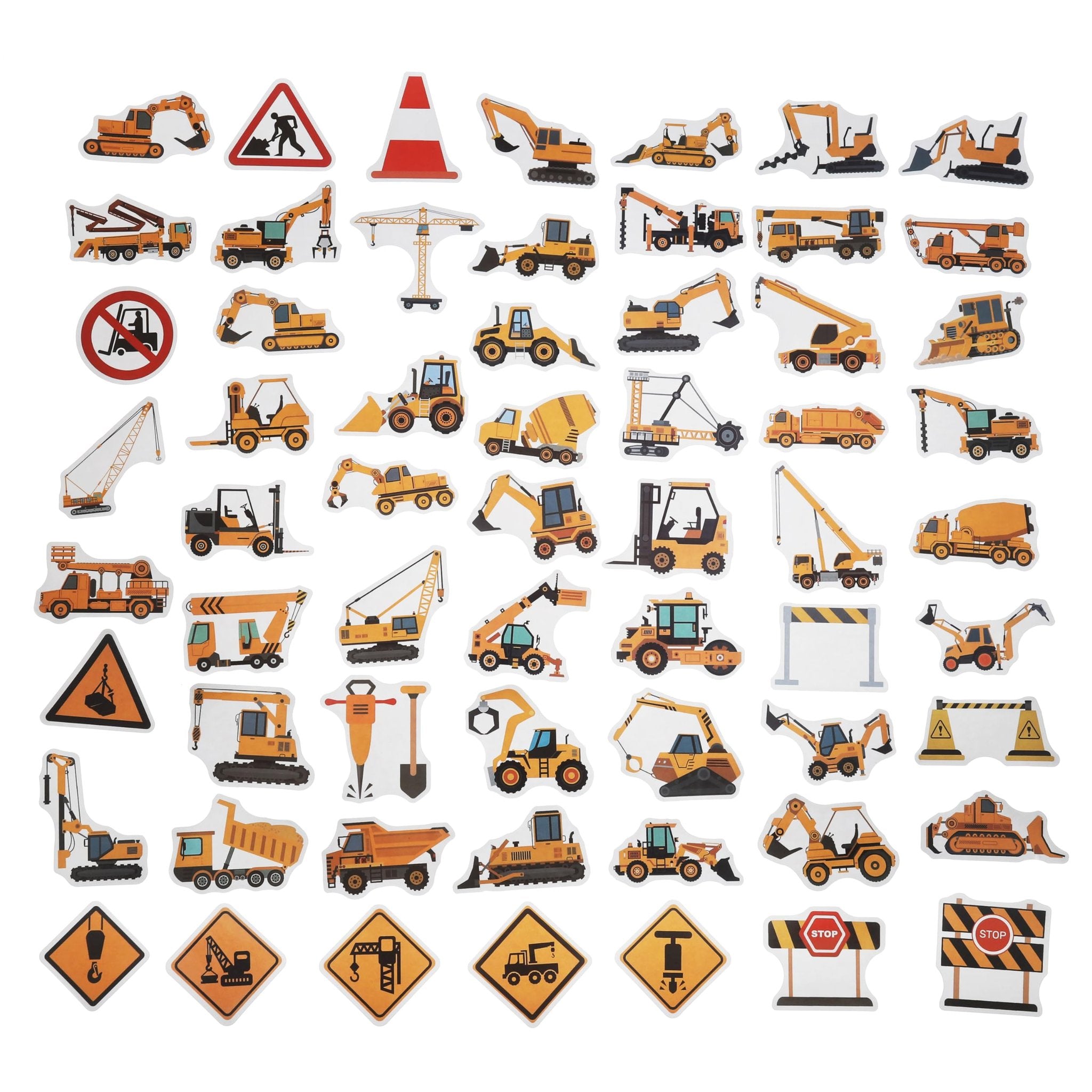 Collection of construction vehicle vinyl stickers including excavators, cranes, dump trucks, and warning signs.