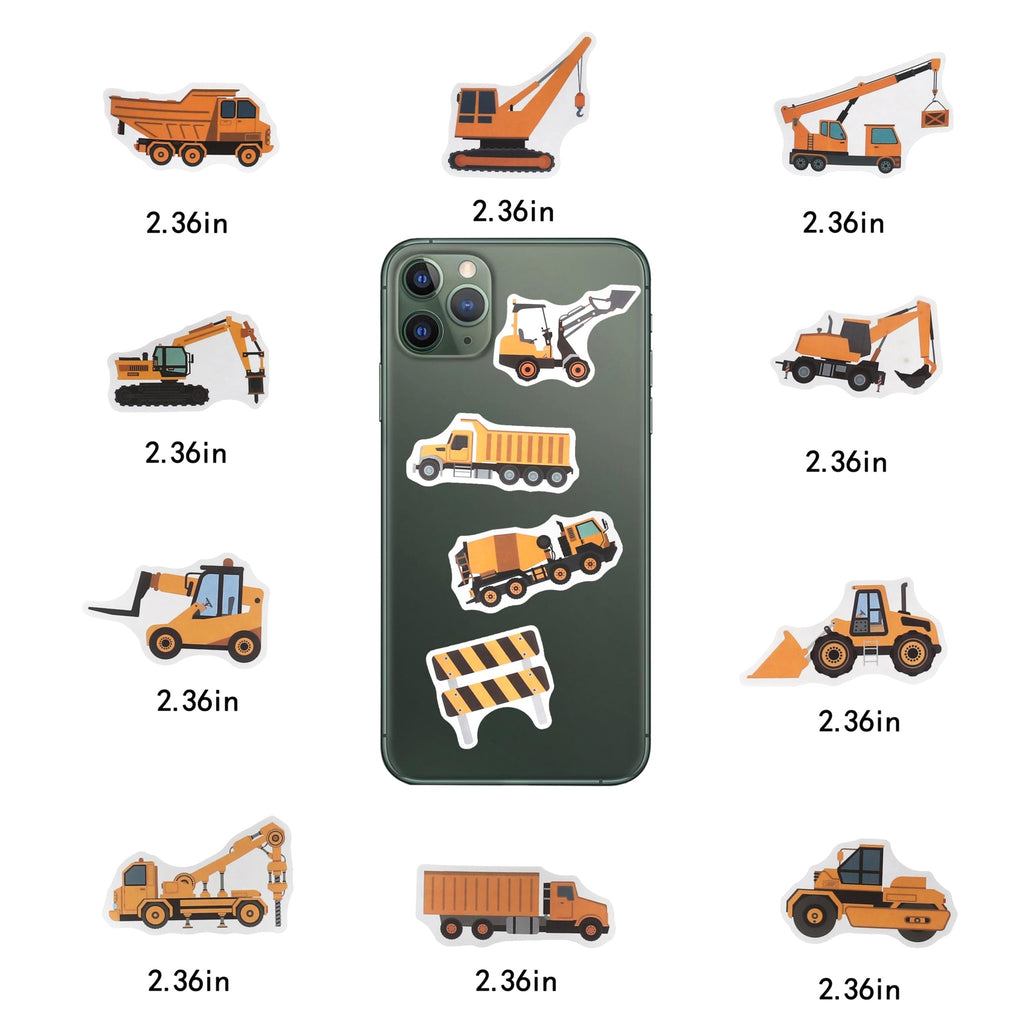 Construction vehicle vinyl stickers shown on a phone and individually with size labels.