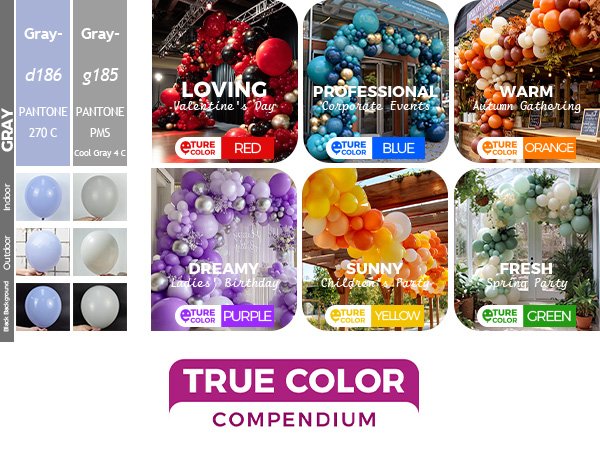 Collage of balloon arch examples in various colors and themes, with color swatches and text overlays.