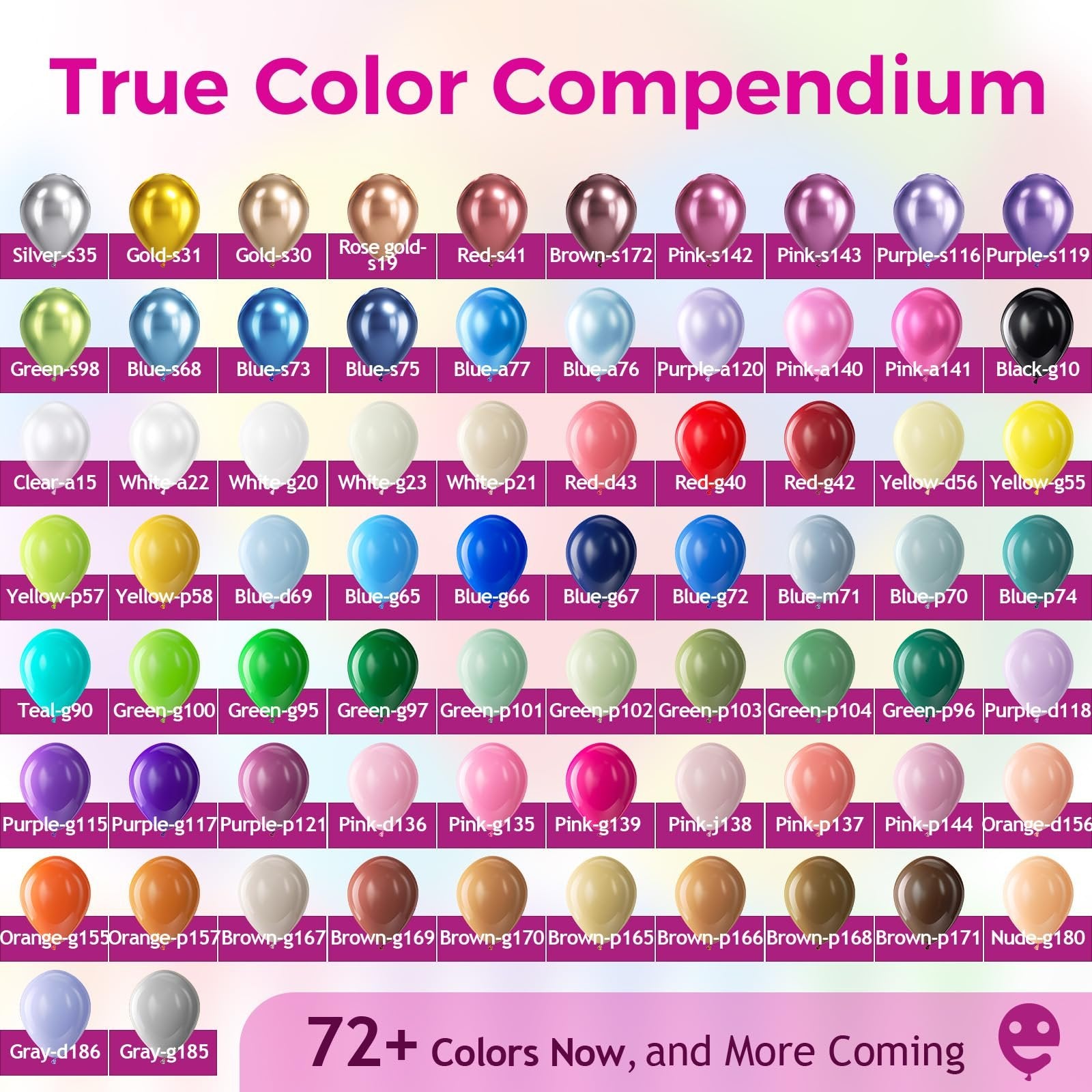 Color chart showing dozens of round balloons in various colors with their names and codes