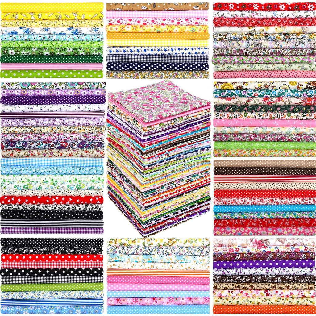 Collage of stacked fabric squares in various floral and patterned designs, arranged in multiple piles.