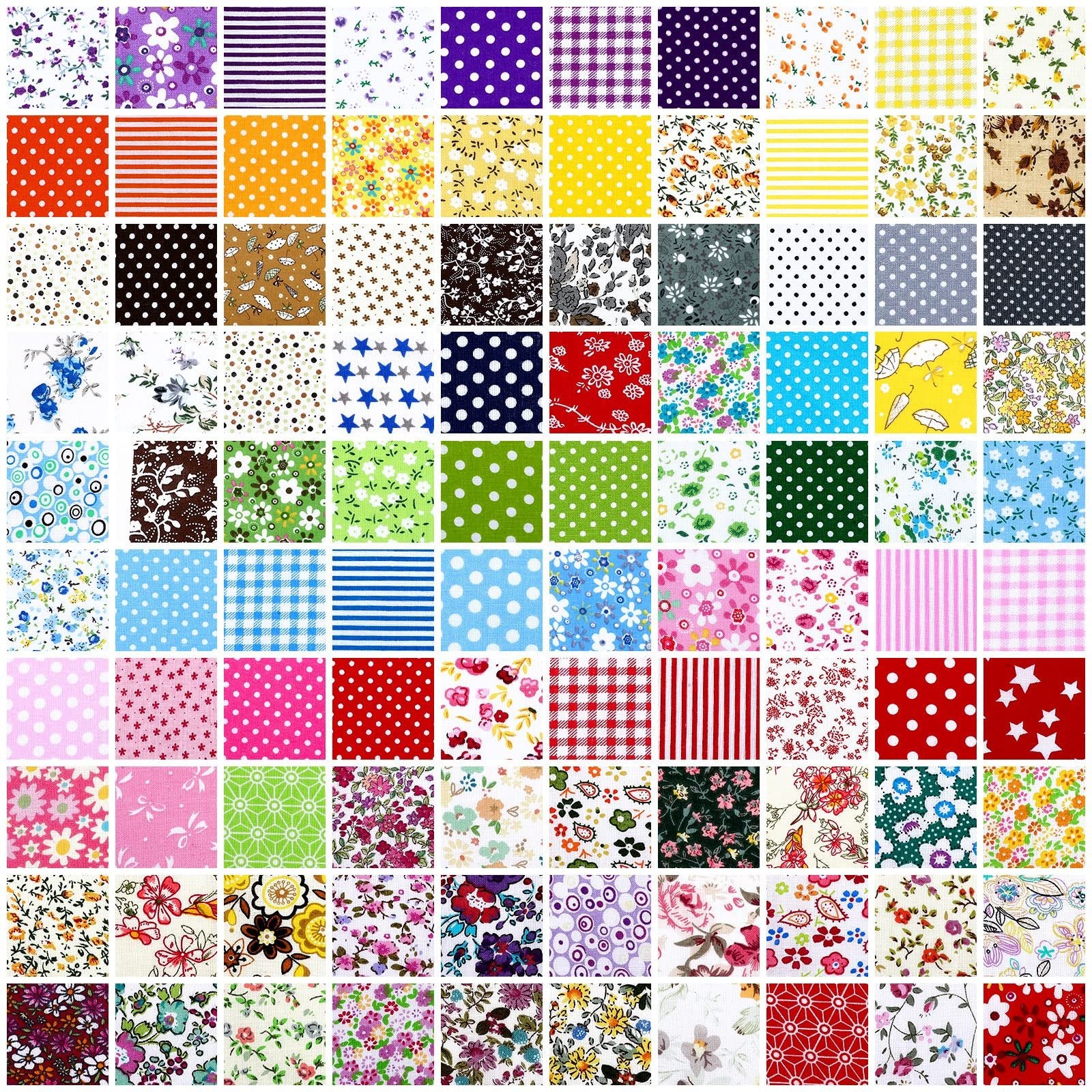 Collage of 100 multicolor 10x10 inch cotton fabric squares with various floral, polka dot, stripe, and plaid patterns.