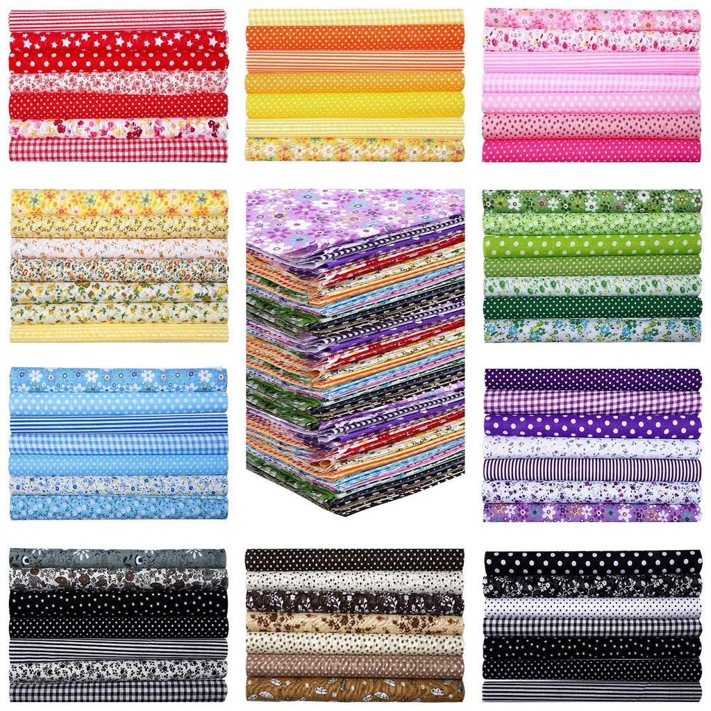 Stacks of multicolor floral and patterned cotton quilting fabric squares, 10x10 inches.
