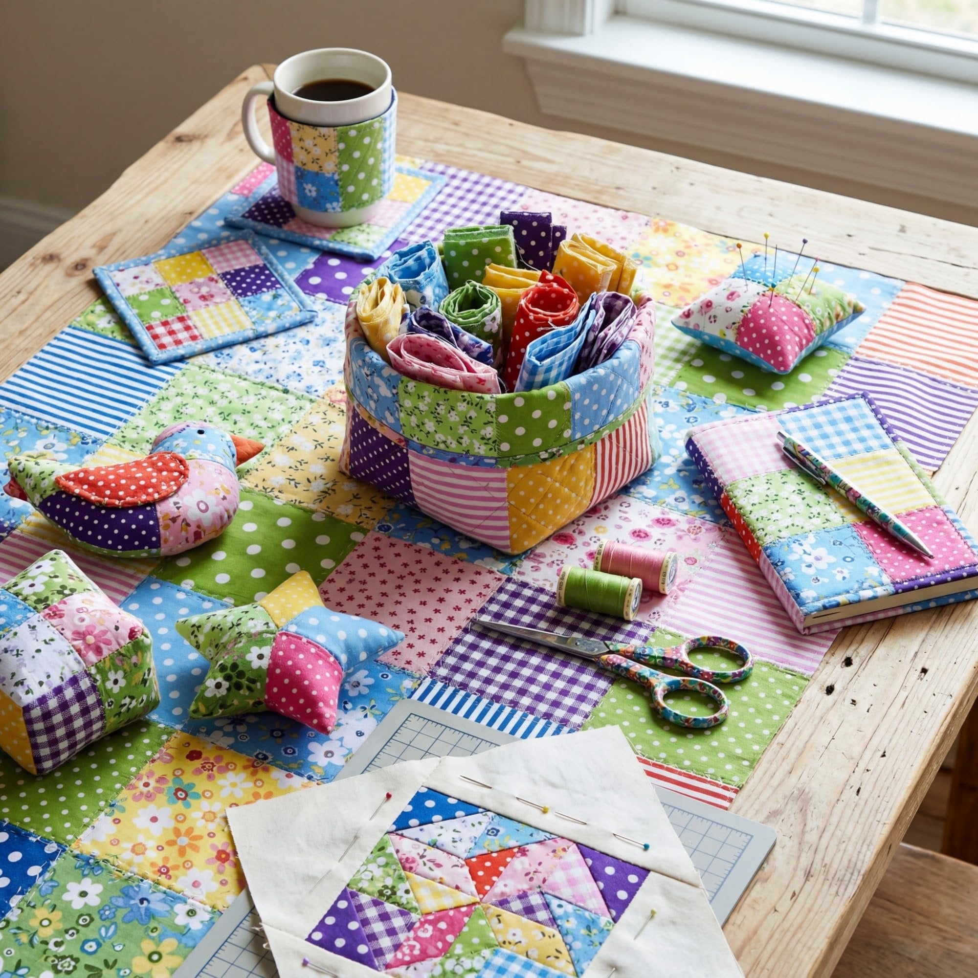 Quilting fabric squares, sewing basket, mug, scissors, thread, and pincushion arranged on a patchwork table runner.