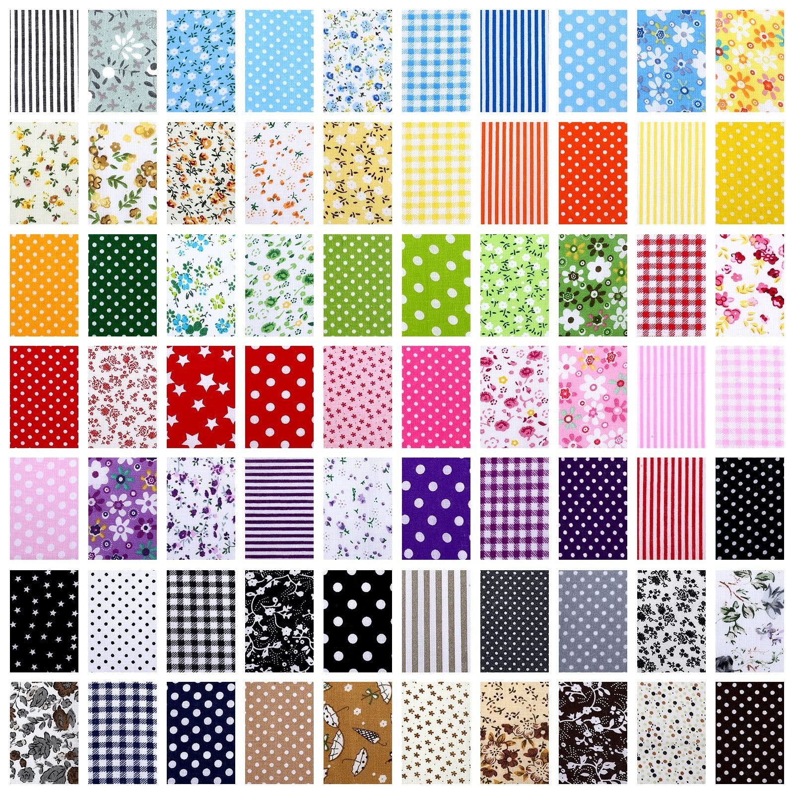 Collection of 100 multicolor 10x10 inch cotton quilting fabric squares with various patterns like floral, polka dots, stripes, and gingham.