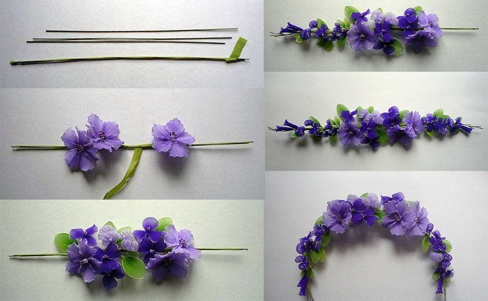 Step-by-step guide showing how to make floral stems with purple flowers and green leaves on wire.