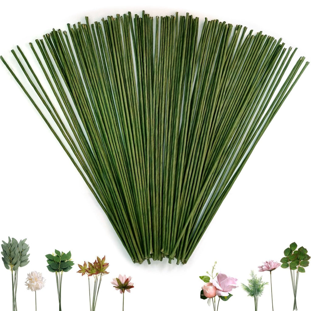 Bundle of 100 green floral stem wires fanned out with various artificial flowers and leaves at the bottom.