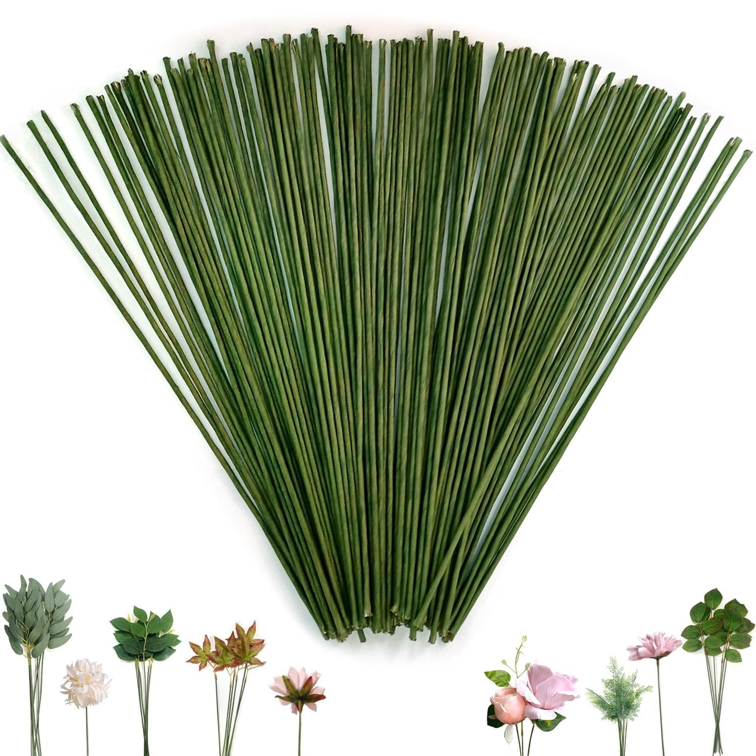 Bundle of 100 green floral stem wires fanned out with various artificial flowers and leaves at the bottom.