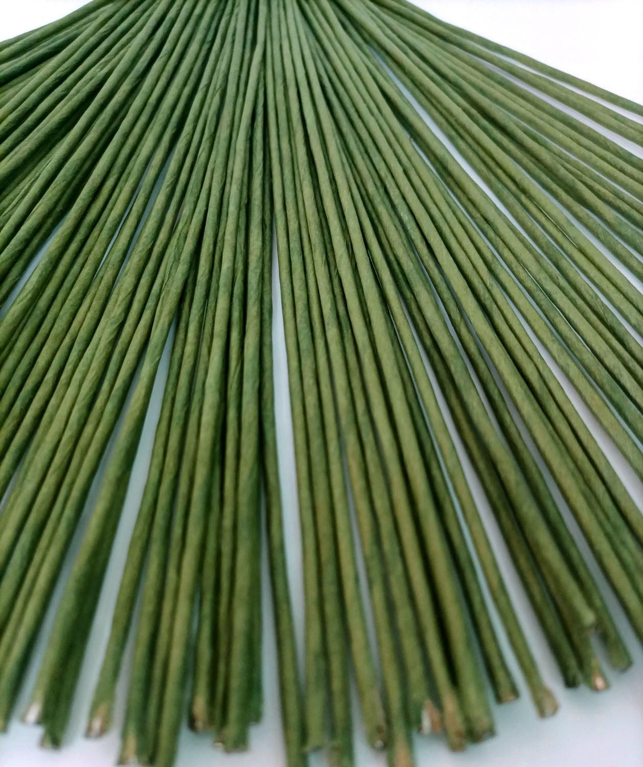 A large bundle of green floral stem wires fanned out on a white background, showing the textured paper wrapping.
