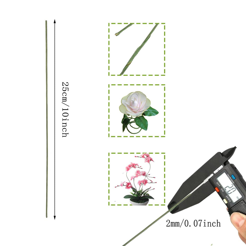 Green floral stem wire shown with measurements and examples of use in floral arrangements.