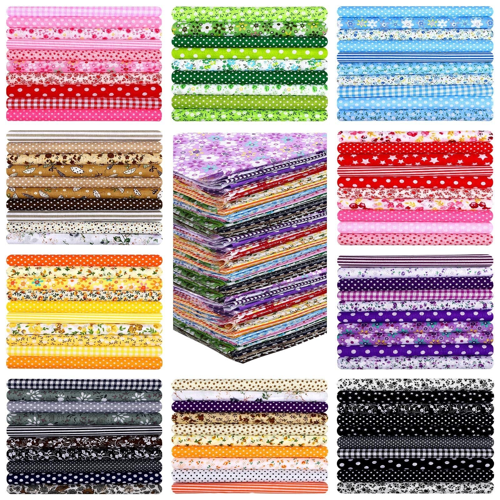 Stacks of pre-cut floral and patterned cotton fabric squares in various colors including pink, green, blue, red, yellow, purple, and black.