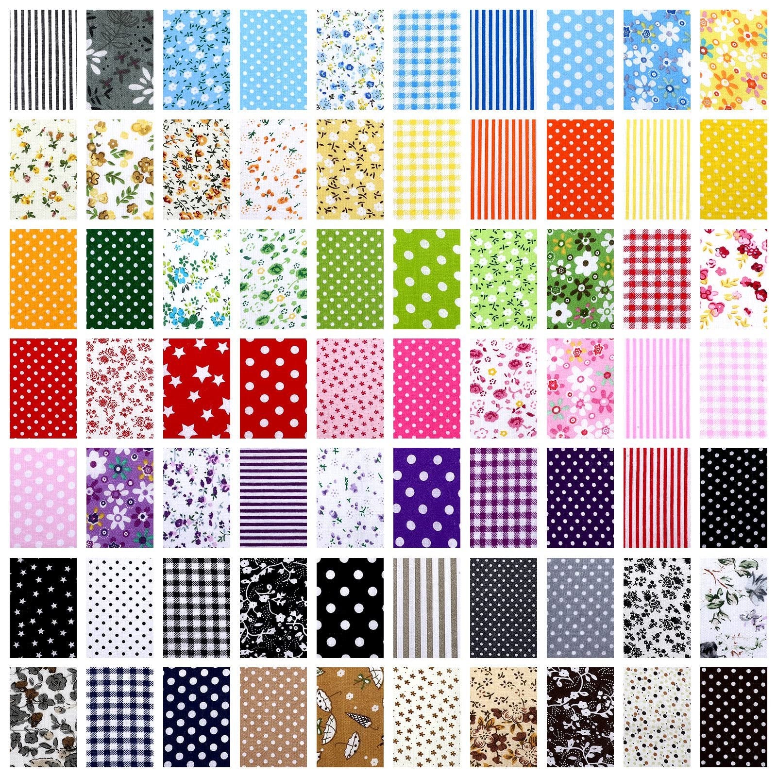 Collage of 100 multicolor floral and patterned cotton fabric squares for quilting and crafts.