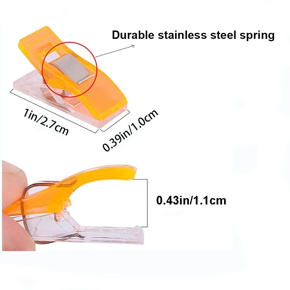 Orange sewing clips shown from two angles with dimensions and feature callout.