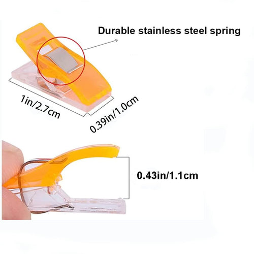 Orange sewing clips shown from two angles with dimensions and feature callout.