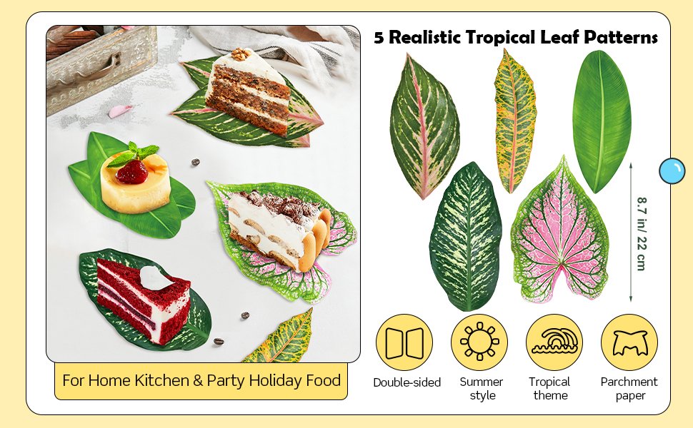 Desserts and cake slices served on tropical leaf-shaped parchment paper, with a separate display of leaf patterns and product features.