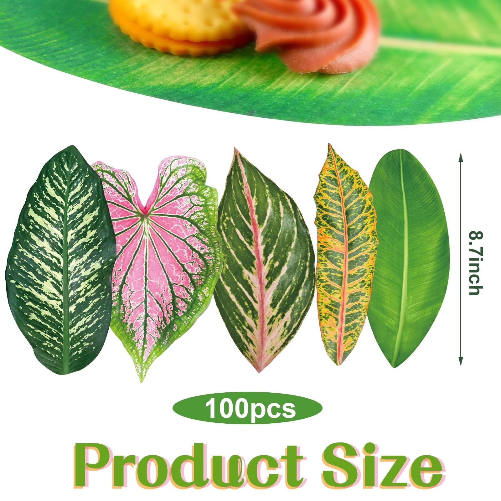 Assortment of five tropical leaves and a cracker with frosting on a green leaf background, with size and quantity indicators.