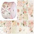 Roll of pink floral fabric strips with a white and gold ribbon tie, shown with individual fabric squares displaying rose patterns.
