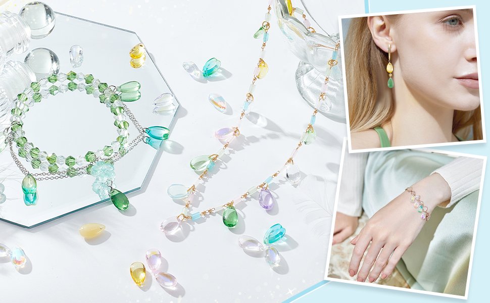 Assortment of teardrop Czech glass beads in various colors and jewelry pieces, including a bracelet and necklace, with lifestyle shots of earrings and a bracelet on a model.
