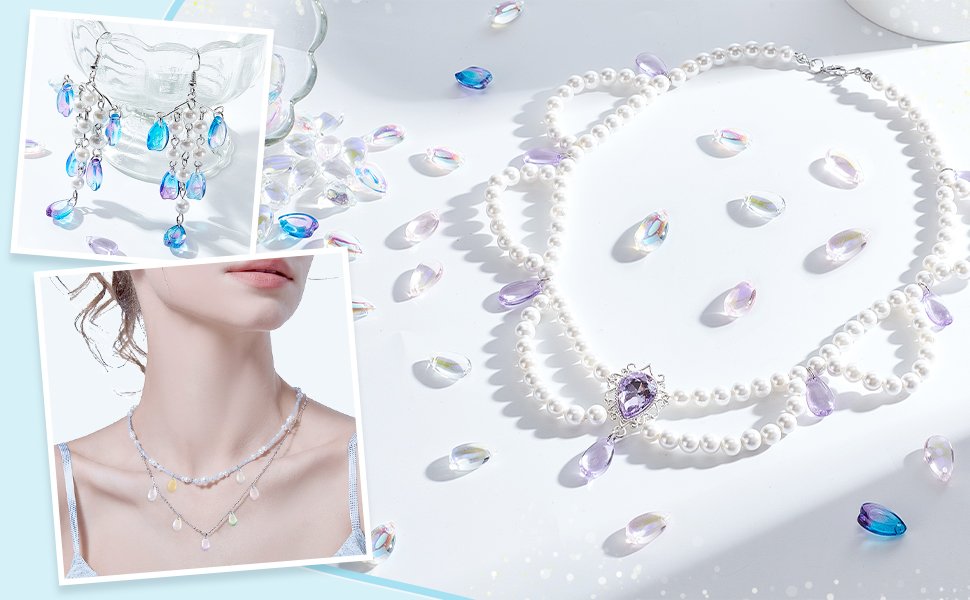 Teardrop Czech glass beads in blue, green, and purple colors scattered around a pearl necklace and earrings.