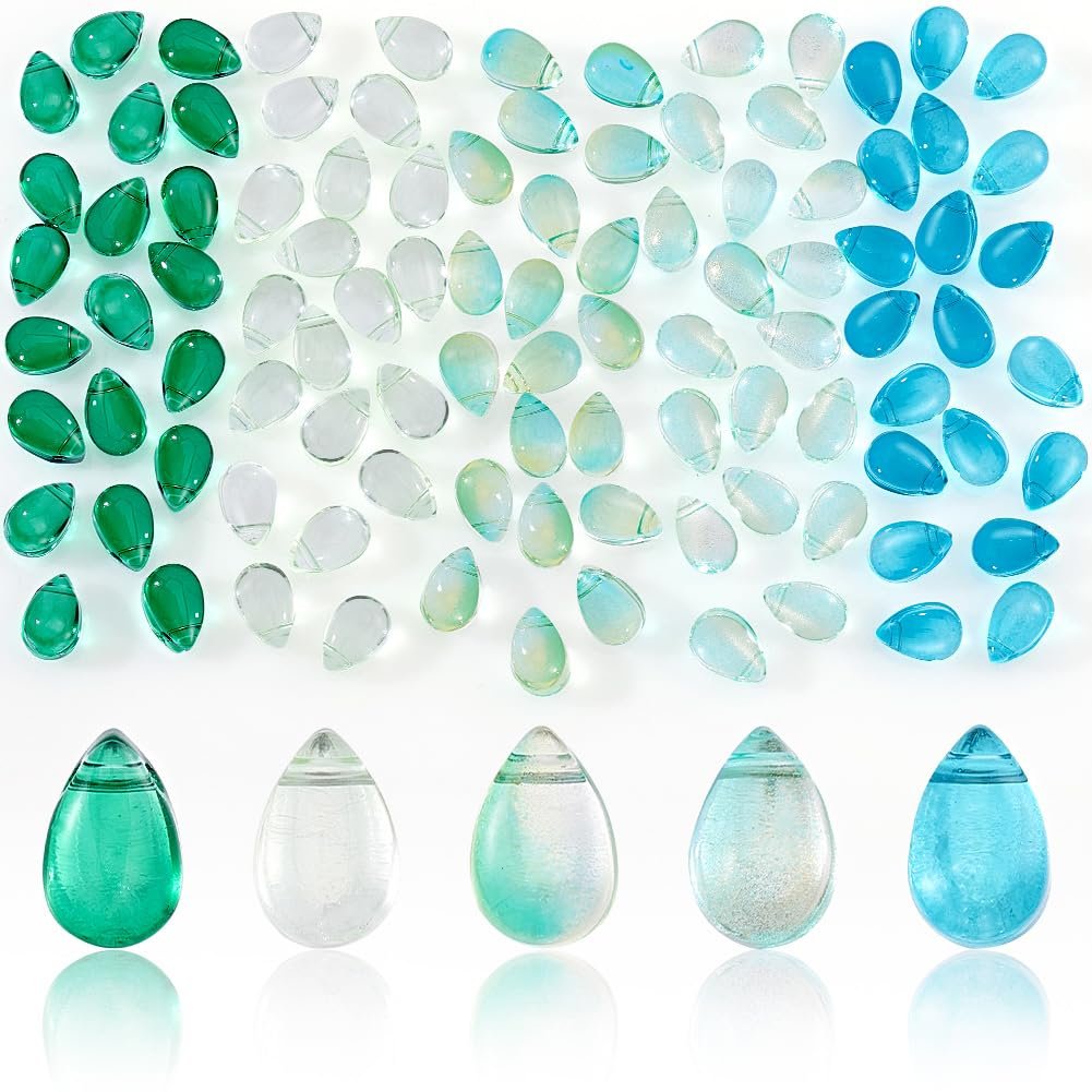 Assortment of teardrop-shaped glass beads in five colors arranged in rows, with five larger beads shown individually below.